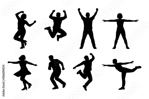 Energetic silhouette dance poses set on white background