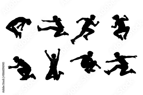 Energetic jumping silhouettes of people in motion on white background