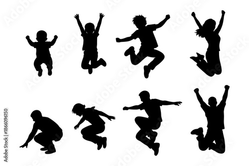 Energetic silhouettes of people jumping for joy in various poses