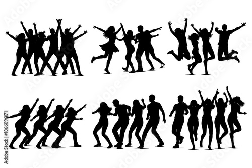 Silhouette dance party: energetic group celebrating with joyful movement