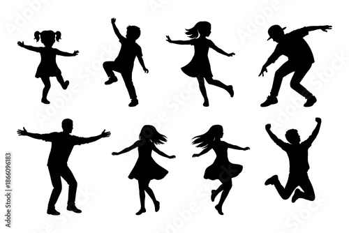 Dynamic silhouettes of people joyfully dancing in various poses on white background