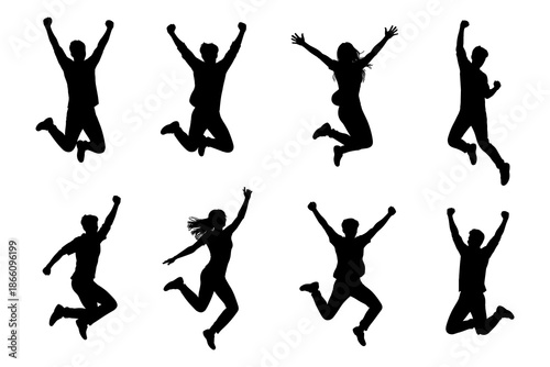 Energetic silhouette collection of people jumping with joy and excitement