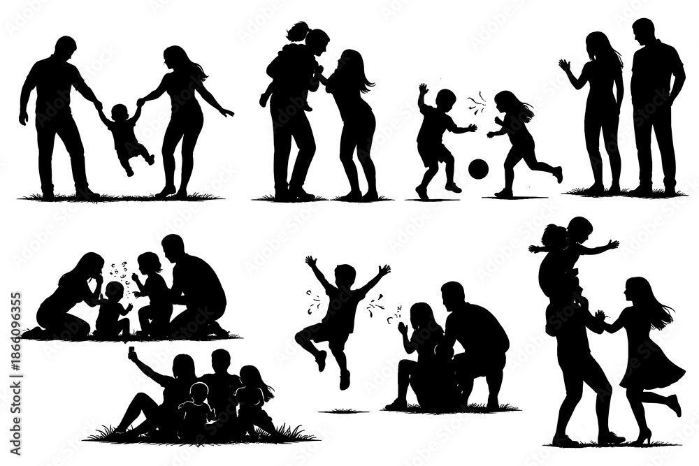 Obraz premium Family activities in silhouette: parents and children playing together outdoors