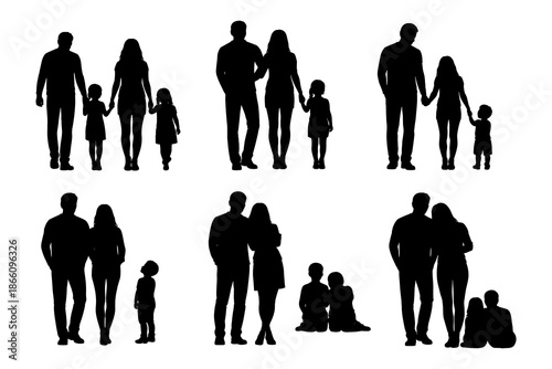 Silhouette family walking and sitting together: parents and children bonding in black outlines