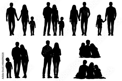 Diverse family silhouettes in various poses for modern design projects
