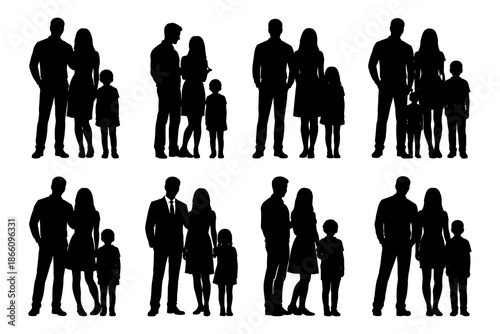 Silhouette family group variations: diverse configurations of parents and children