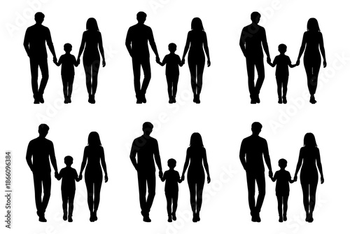 Family silhouettes walking together holding hands in various poses on white background