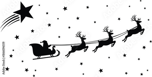 Black silhouette of Santa Claus in a sleigh flying with reindeer through a starry night sky with a bright falling shooting star,