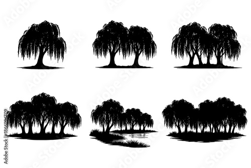 Silhouette weeping willow trees collection set against white background