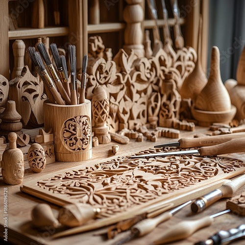 Wood carving kit on craft mat, detail station with cutting tools, artisan theme
