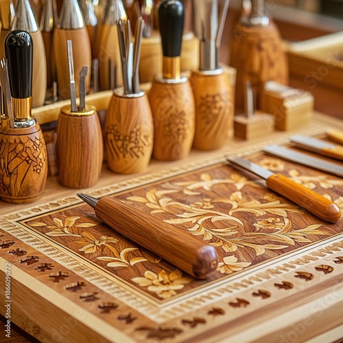 Wood inlay supplies on marquetry mat, detail station with cutting tools, artisan focus