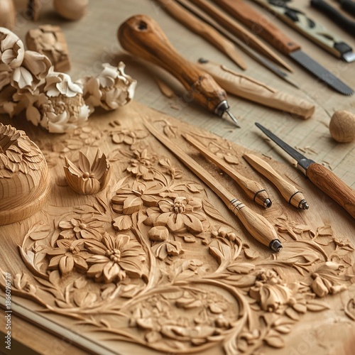 Wood carving kit on craft mat, detail station with cutting tools, artisan theme