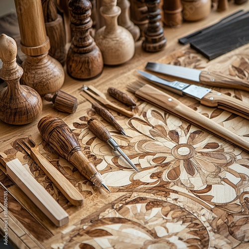 Wood inlay supplies on marquetry mat, detail station with cutting tools, artisan focus