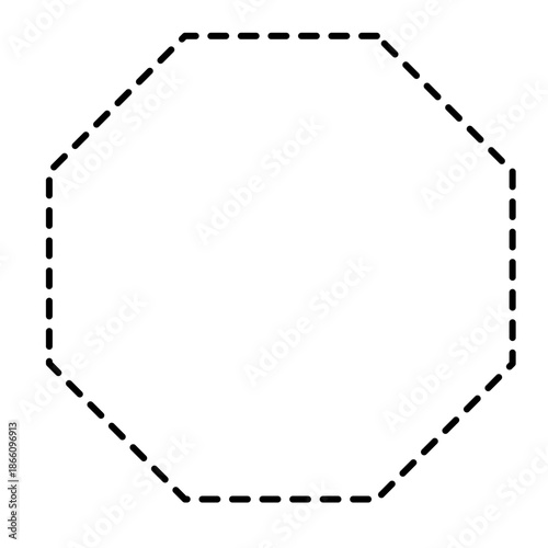 Dashed regular octagon outline, perfect for game tiles, icons, or symmetrical geometric design in digital layouts.