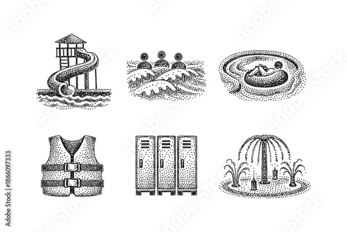Retro dotted waterpark icons featuring slides, pools, and summer fun elements