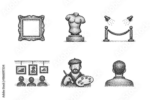 Vintage art and museum icons in stipple style for galleries and exhibitions