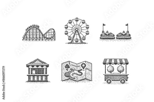 Vintage amusement park elements in dot style: roller coaster, ferris wheel, bumper cars and more