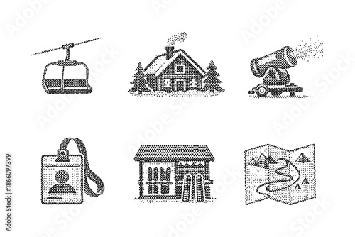 Winter adventure icons: cable car, cabin, snow cannon, and more in dotted design