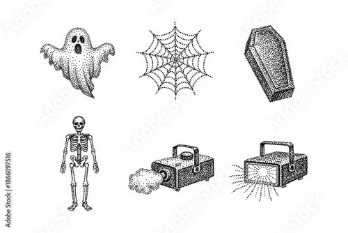 Retro halloween icons: ghost, skeleton, coffin, web, projector