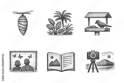 Halftone icons set: nature, wildlife, photography, travel, gallery, birdwatching