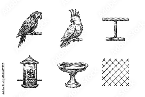Bird perch and accessories in halftone style design