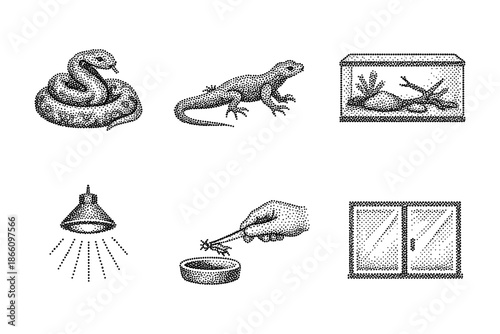 Dot art reptile care: snake, lizard, and habitat essentials in halftone style