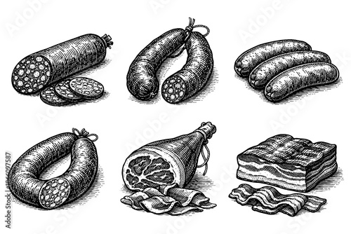 Vintage hand drawn collection of various cured meats and sausages in detailed sketch style