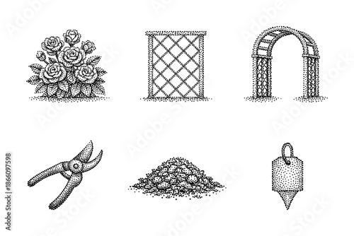 Vintage garden elements: stipple art featuring roses, trellis, arch, pruning shears, mulch, and plumb bob