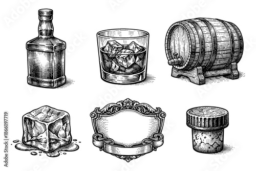 Vintage engraving style whiskey elements with ice and barrel