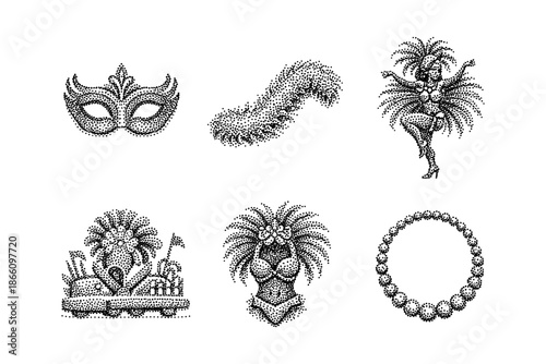 Festive carnival elements in vintage stipple art style