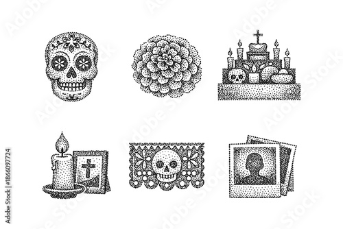 Traditional dia de los muertos dot art with sugar skulls and altars