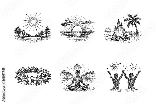 Stipple art summer scenes: nature, meditation, and celebration