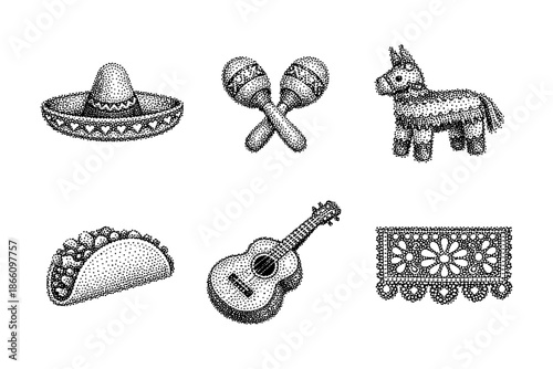 Mexican culture elements in vintage dotwork design
