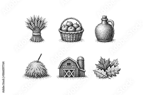 Rustic farm elements in vintage dot art style