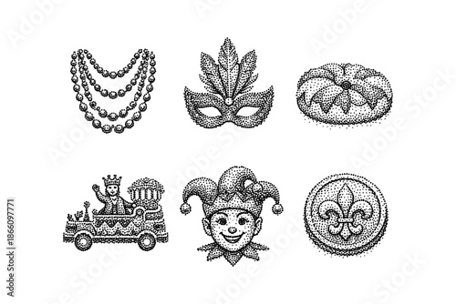 Mardi gras dotted icons: mask, beads, king cake, jester, float, fleur de lis