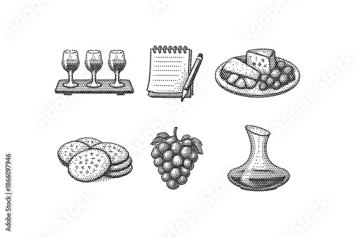 Retro wine tasting experience with grapes, cheese, and wine glasses in halftone style