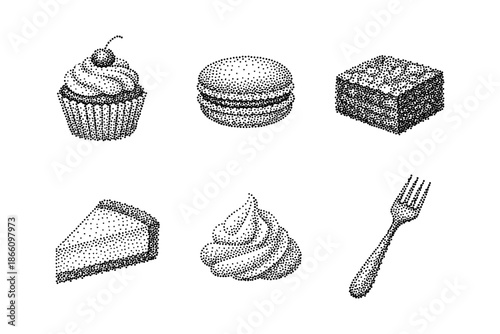 Retro halftone desserts and utensil collection with cupcake and fork designs