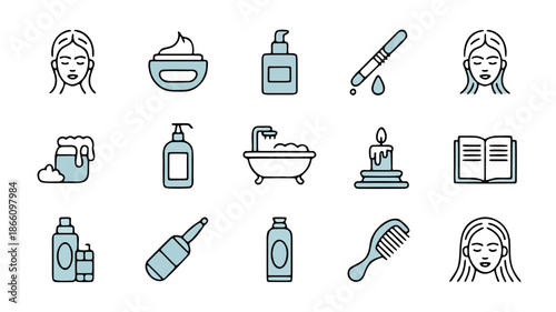 Skincare and Relaxation Icons: A collection of meticulously designed icons representing skincare routines and moments of relaxation, each detail capturing the essence of self-care and serenity.