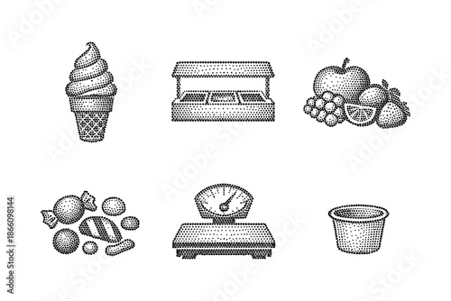 Vintage halftone food icons: ice cream, fruit, candy, and more
