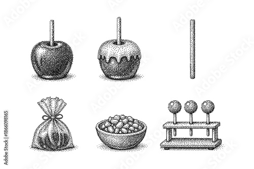 Stippled candy apple variations and sweet treats in vintage dot style