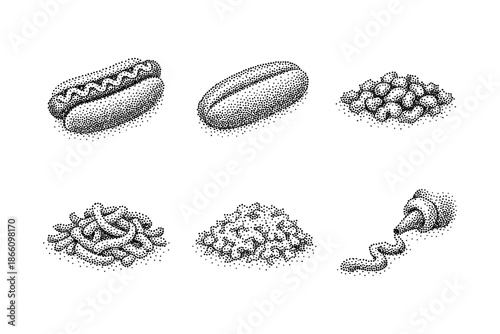 Halftone fast food icons: hot dog, bun, sauce, and more in retro style