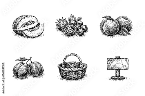 Vintage fruit and basket pointillism art with peaches, berries, and melon
