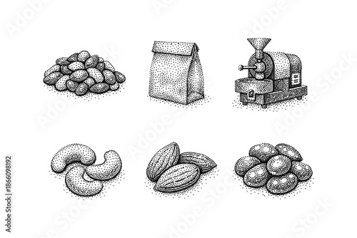 Vintage hand-drawn coffee and nuts set with pointillism style