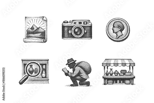 Stipple icons of photography, travel, and artifacts with vintage touch