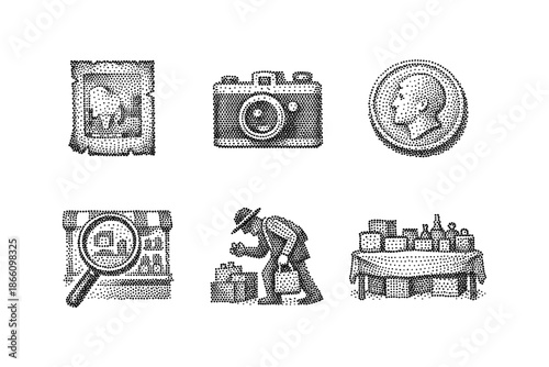 Vintage stipple art set featuring photography, magnifying glass, and market scene