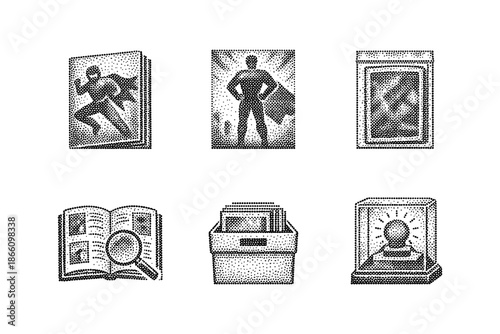 Retro comic book icons: superhero posters and collectibles in halftone style