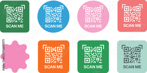 Colorful QR code scan me buttons set for marketing, payments, mobile apps, labels, stickers, and digital branding design
