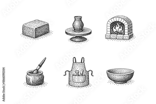 Vintage stipple illustration of pottery and baking elements