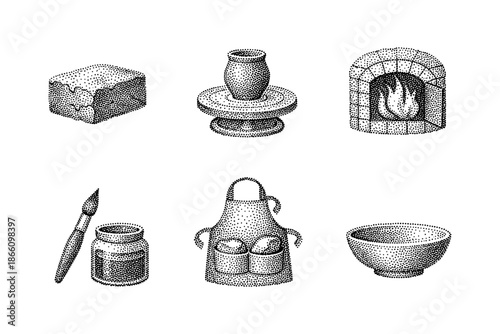 Vintage dot art of pottery workshop tools and objects in stipple style