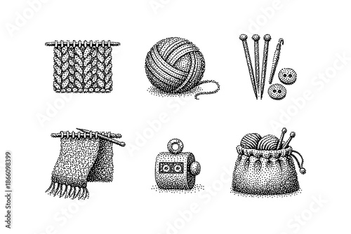 Vintage knitting icons: yarn, needles, and tools in pointillism style